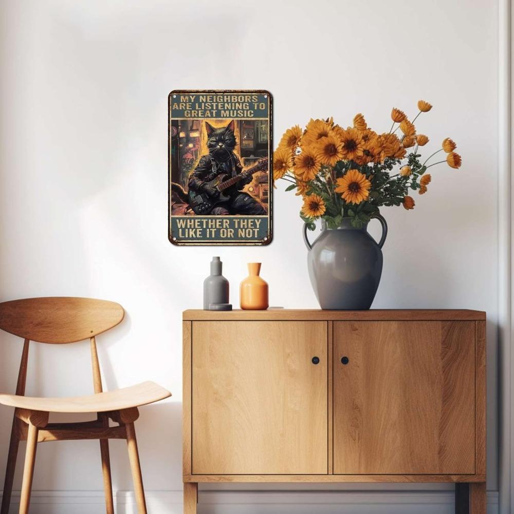 Vintage Lustige Katze Gitarre Metallschild - Rockmusik Wanddeko für Bauernhof Garten Garage - "Meine Nachbarn hören großartige Musik"