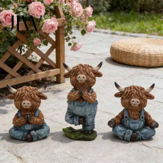 Pastoral Home Accents Yoga Highland Cow Resin Figurine, Farmhouse Style Overalls Statues, Waterproof Crafted Collectibles Garden Ornament for