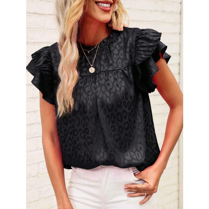 2025 Letnia moda Leopard Print damska bluzka Nowa swobodna prosta koszula z falbaniastymi rękawami plisowana damska góra plus size luźna odzież damska 3670