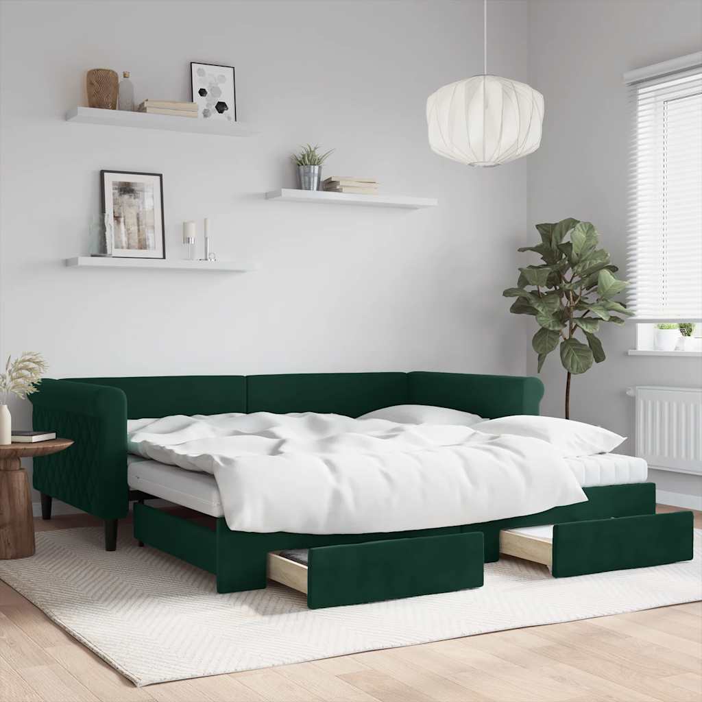 Extendable Daybed with Drawers Dark Green 100x200 Cm Velvet