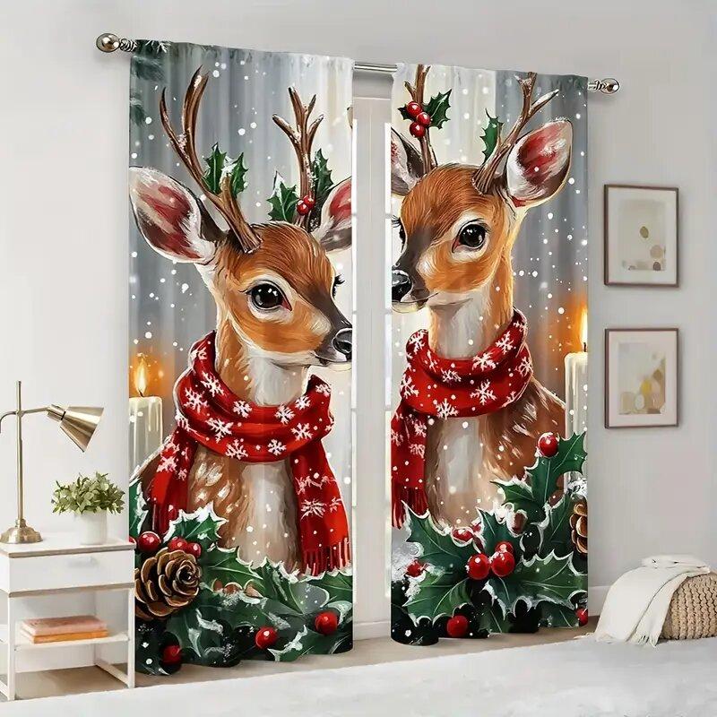 Christmas Reindeer Print Curtains   Pole Bag Curtains   Bedroom and Living Room Decoration   Home Decoration   Christmas Decoration