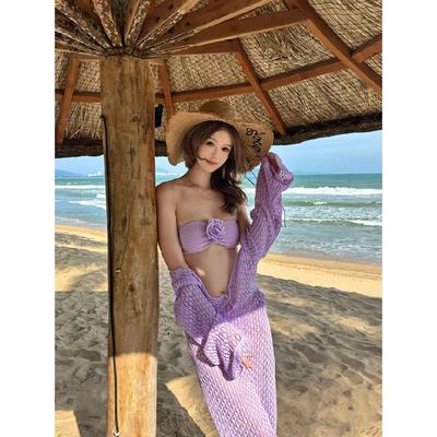 New European And American Beach Vacation Bikini Top With Hollowed Out Crochet Knitted Long Dress