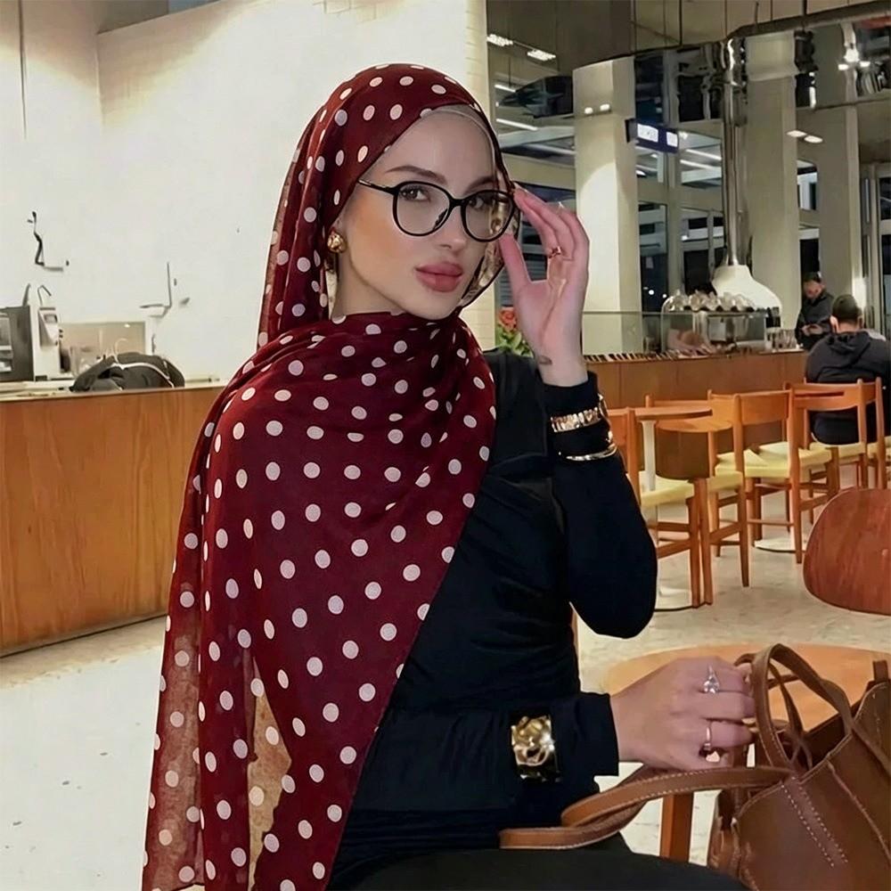 Versatile Cotton Long Scarf Breathable Classic Pattern Headscarf Polka Dot Shawl Office Style F