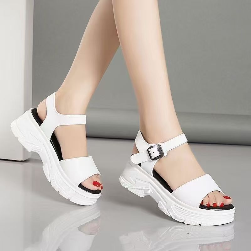Women's Summer New Leather Wedges Sandal Thick Sole Non Slip Open Toe Lightweight Buckle Strap Outdoor Beach Sandal Sport Sandal