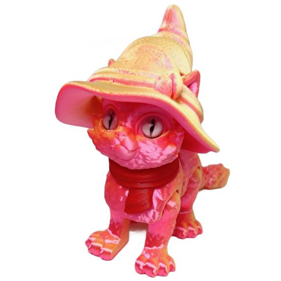 3D Printed Articulated Cat Wizard Hat Cat Ornament Wearing Red Scarf Big Eyes Cat Fidget Toy with Flexible Joints for Stress Relief Desktop Decoration