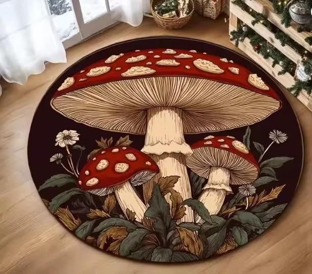 Round Black Carpet Dreamy Colored Mushroom Pattern Rug Living Room Bedroom Anti Slip Dirt Resistant Floor Mat Home Decoration
