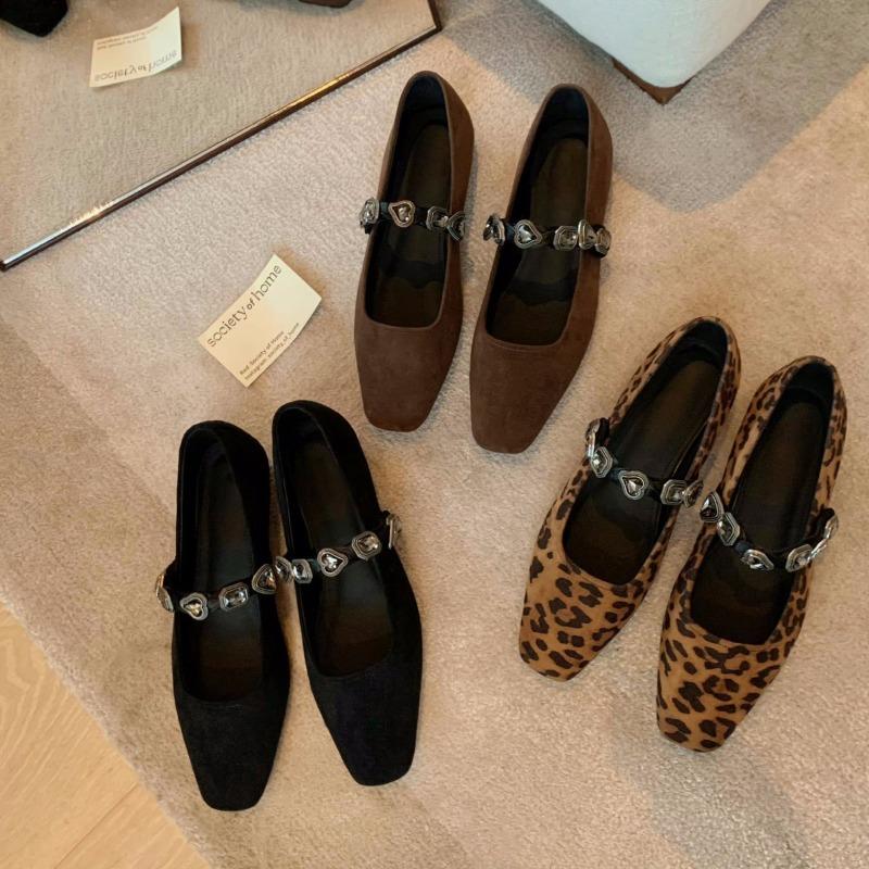 Sheepskin Version~ Leather Shoes Leopard Print Mary Jane Shoes Women's Single Shoes Rhinestone Shallow Mouth Ballet Flat Shoes Ladyshoes