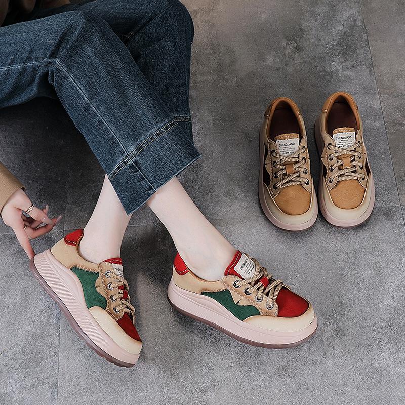 Autumn Women's Thick Sole Genuine Leather Lace-up Casual Shoes - Colorblock Low-top Spring Design