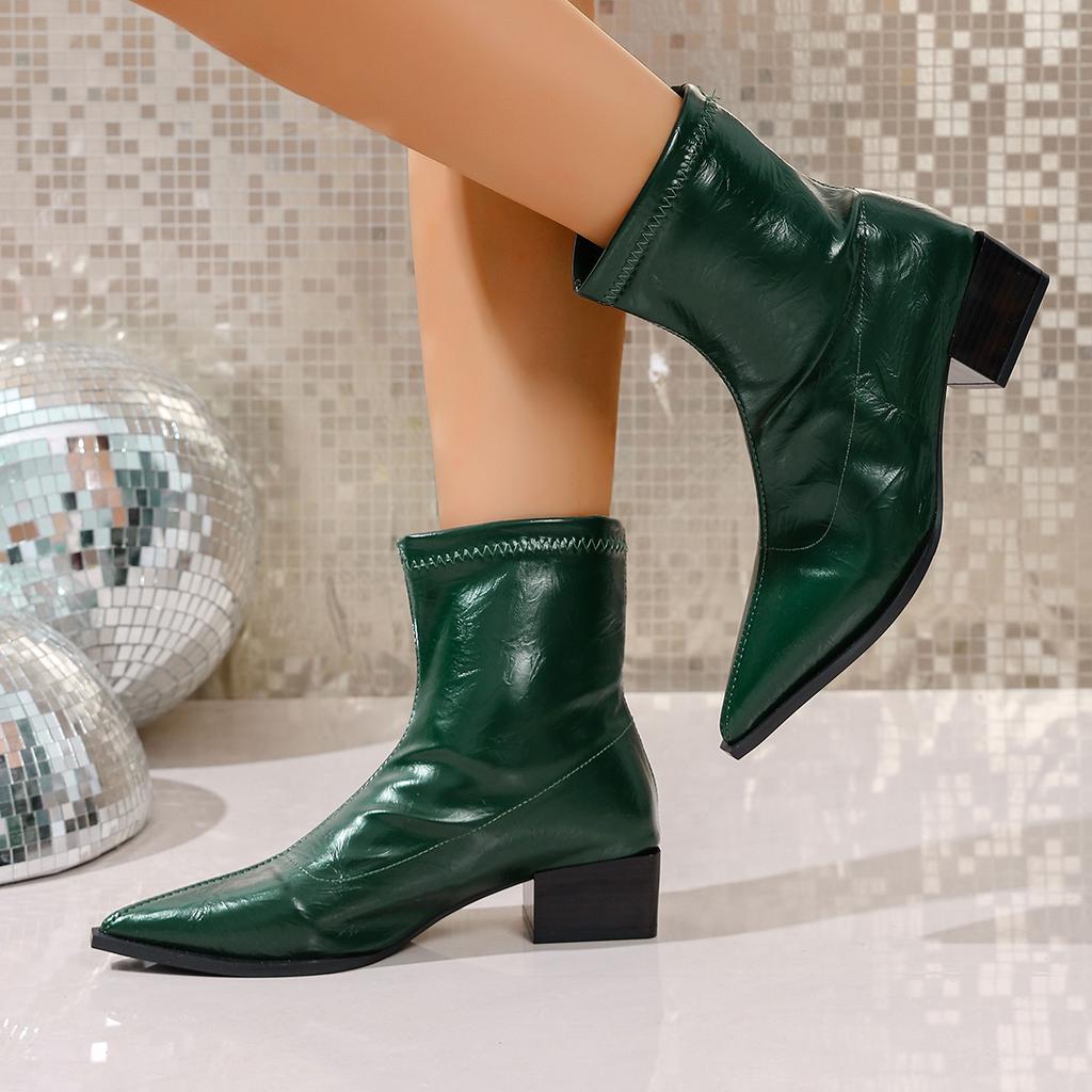 Fashion Women's Square Heel Boots Autumn and Winter 2025 French Pointy Rain Boots Solid Color Retro High-heeled Booties Zapatos Mujer