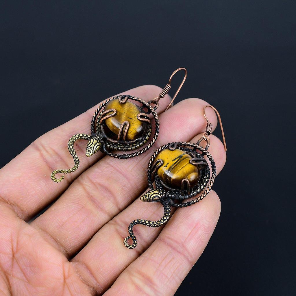 Tiger's Eye 999 Copper Wire Wrapped Earrings, Handmade Gemstone Earrings, Gift For Mom Antique Jewelry