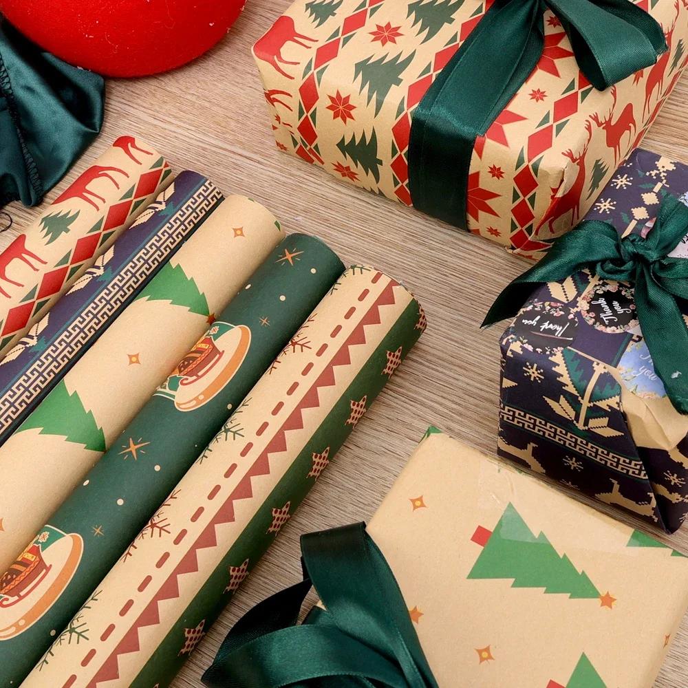 5Pcs Christmas Wrapping Paper Gifts Wrapping Paper Diy Packing Craft Cartoon Printed Kraft Paper Xmas Wedding Party Decor Paper