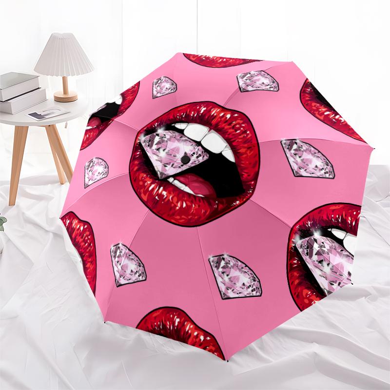 1 Stück Lippen-Thema Regenschirm Tragbarer Faltregenschirm Eisenrahmen Loch Rippenstruktur Outdoor Heimregenschirm A22
