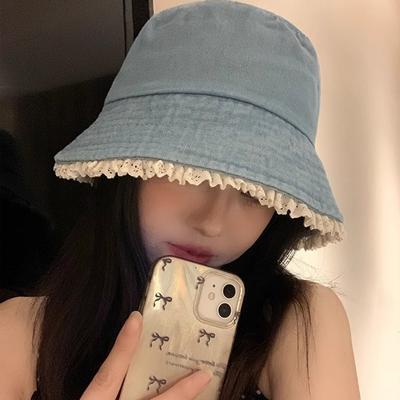 Cute Bucket Hat Lace Edge Denim Basin Hat Summer Travel Sunshade Sunscreen Show Face Small Simple Wind Bucket Hat