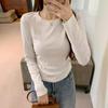 Retro front shoulder long-sleeved shirt women's spring new waist pleated bottoming shirt versatile simple top