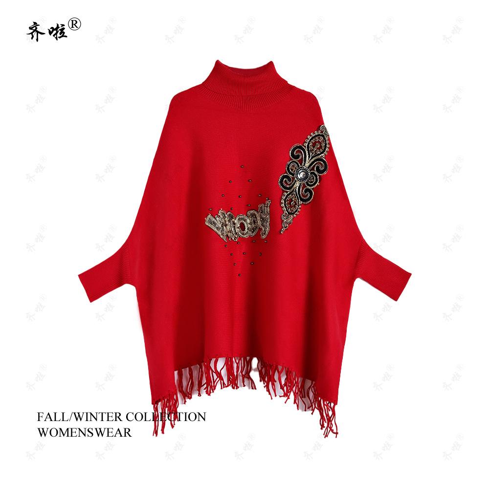 Осень и зима новый шаль накидка женская вышитые бисером буквы рукава летучая мышь средняя и длинная водолазка свитер тонкий вязаный свитер average size