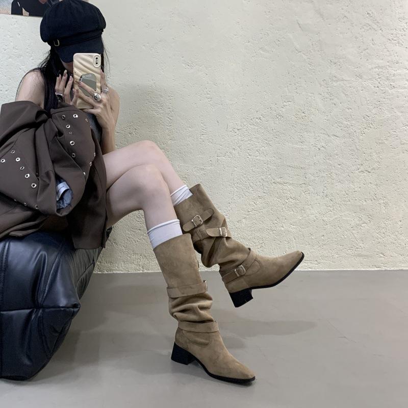 Thick heel retro suede long tube knight boots women's shoes 2025 new autumn design sense two wear thin medium tube boots