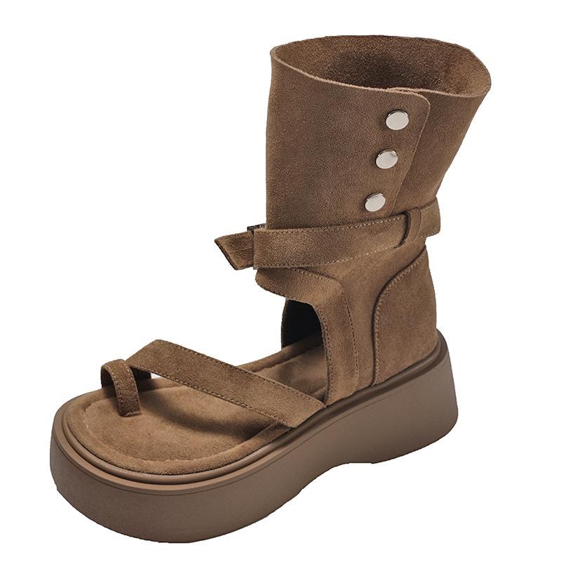 Queen Fan retro thick-soled one-word sandals for women's summer wear 2025 new high-end cover toe heightening cool boots