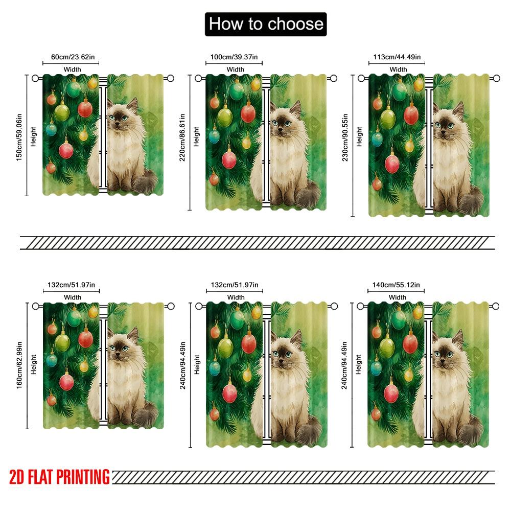2pcs,2D Plane Printing Window Curtain Longhair Cat by Tree Polyester Fabric (without Rod) Versatile All for Living Room,