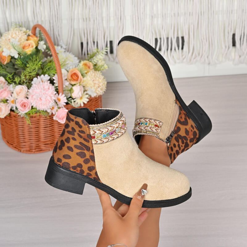 Sexy Pointed Toe Leopard Chelsea Boots Women 2025 Autumn Colorful Woven Strap Side Zip Suede Ankle Boots Fashion Western Booties
