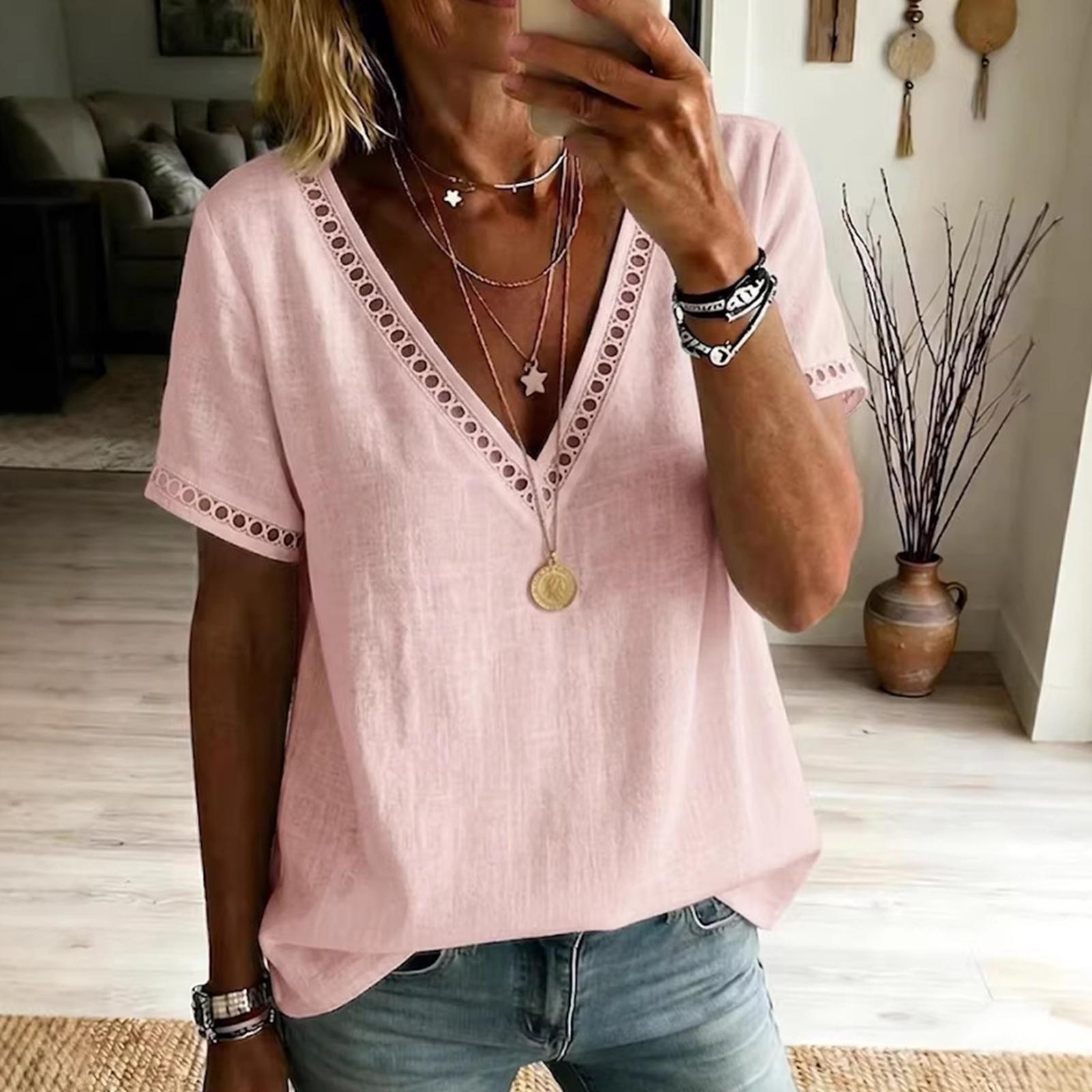 

Women s Summer Color Cotton And Linen Collar Short Sleeved Shirt XXL розовый