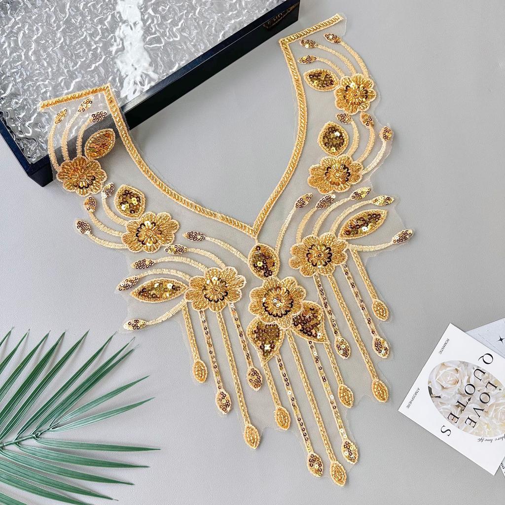 Gold Heavy Industry Beaded Sequins V-Neck Embroidered Decal Dress Performance Dress Decorative Front Neck Cloth Stickers Accessories