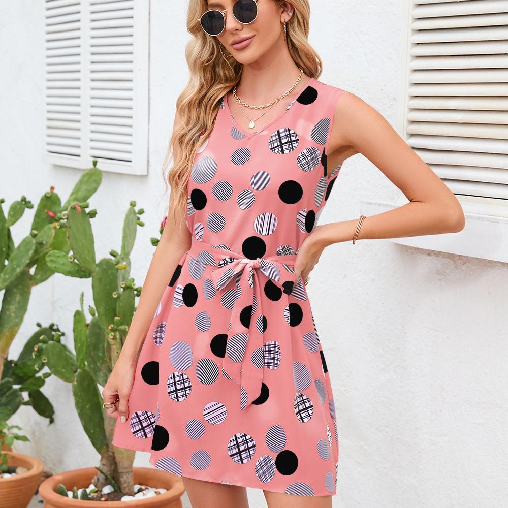 Letnia damska sukienka w stylu retro z falą w kropki, ubrana w talię, uczta damska spódnica