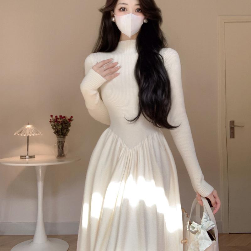 Halbhoher Kragen Schlankmachende Taille Kleiner Mann Fortgeschrittener Sinn Patchwork Gestricktes Unterteil Kleid