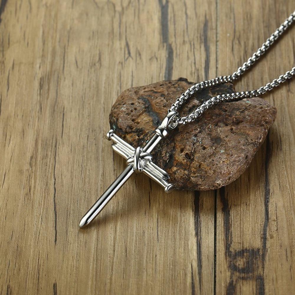 1PC Steel Nail Shaped Cross Pendant Necklace for Boys, Black/Golden/coppery Finish