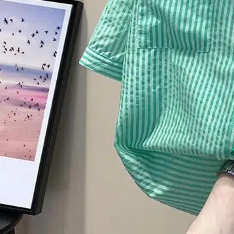 2024 Summer Women's Leisure Fashion Elegant Commuting Spliced Asymmetric Pullover Stripe Off Shoulder Chiffon Short Sleeved Shirt