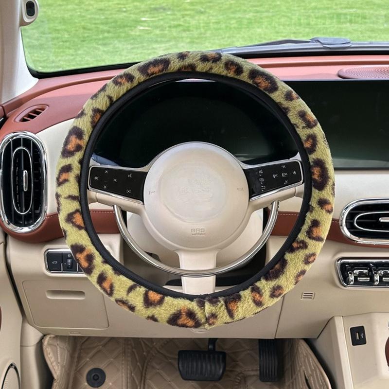 Leopardenmuster Auto Lenkradbezug Winter Plüsch warm rutschfest ohne Innenring Lenkradschutzbezug