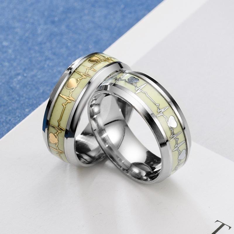 Heart-shaped Titanium Steel Luminous ECG Couple Rings - Unisex European & American Fashion Jewelry