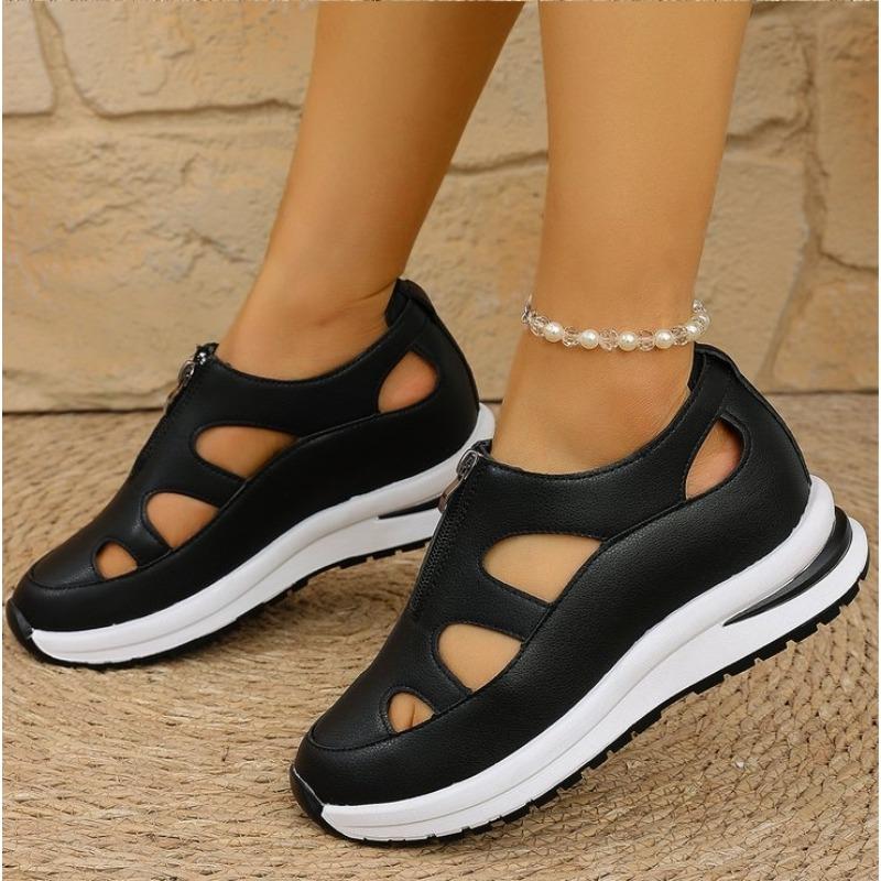 Low Sandals Woman Leather Shoes 2025 Summer Clogs Wedge Breathable Suit Female Beige Large Size Muffins Shoe Low-heeled Fashion