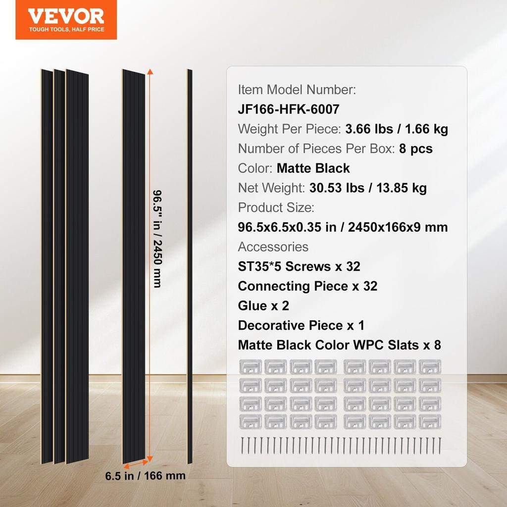 Wood Slat Acoustic Panels 8 PCS 96 X 6 Inch for Modern Wall Matte Black