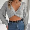 GMXIA Women's Fashion Casual Solid Color Autumn Winter Long Sleeve V-Neck Loose Sexy Knotted Lantern Sleeve Crop Sweater