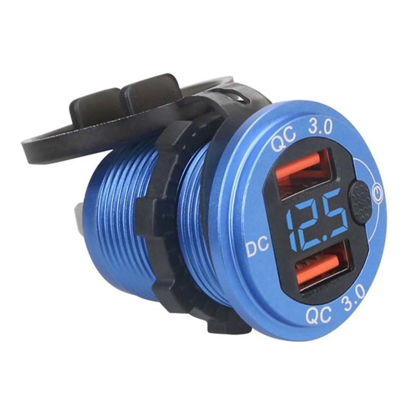 Dual QC3.0 Port USB Car Charger Adapter12-24V with Voltmeter ON/Off Switch