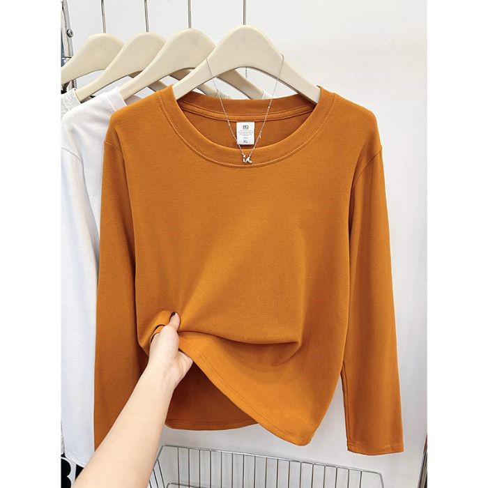 Women's Slim Fit Long Sleeve Plain Cotton T-Shirt - Round Neck, Versatile, Ideal for Spring and Autumn