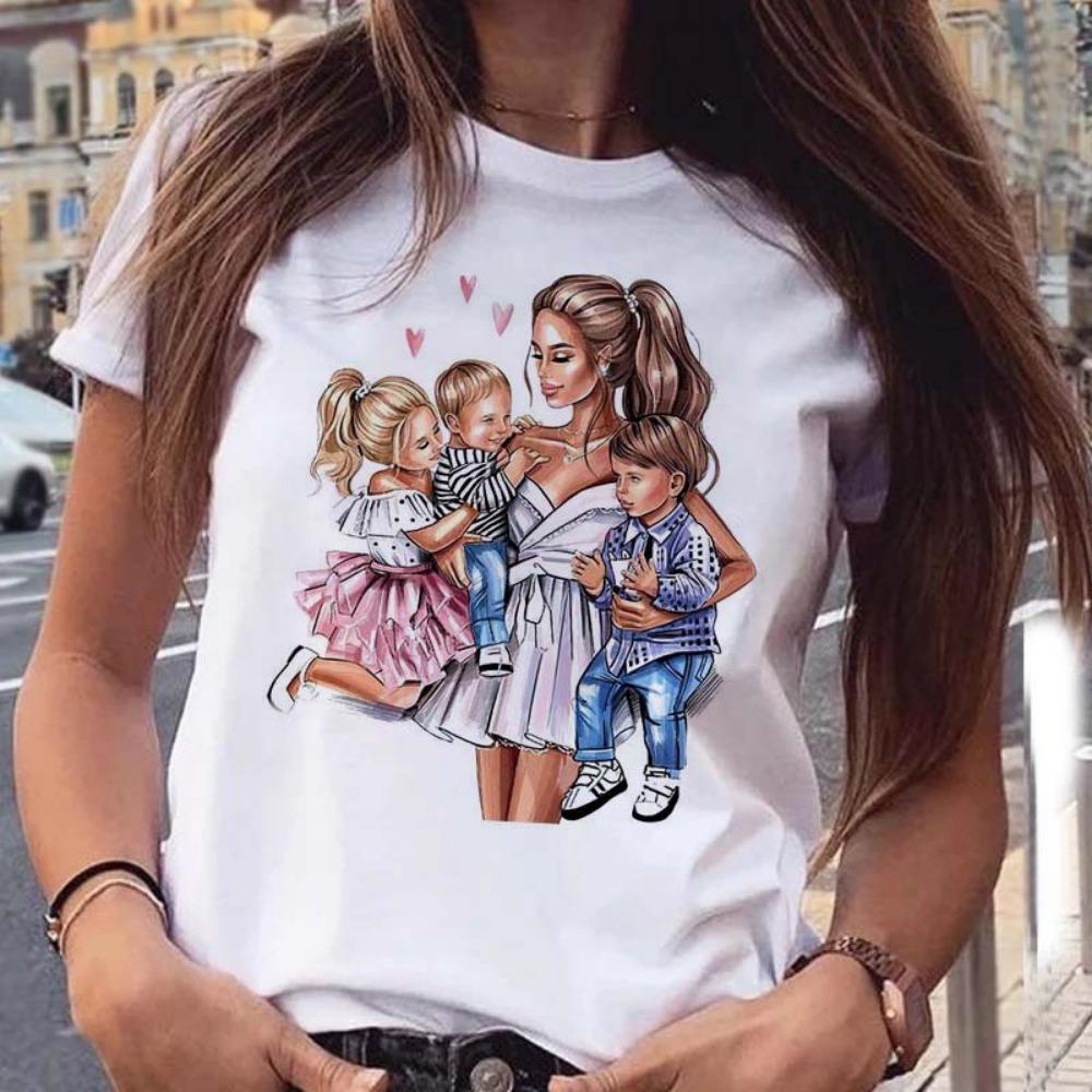 Maycaur Women T Shirt Cartoon Mom with Sons Shirt Fashion Print Casual Woman Tee Ladies Female T-shirt Short Sleeve T Top Shirt