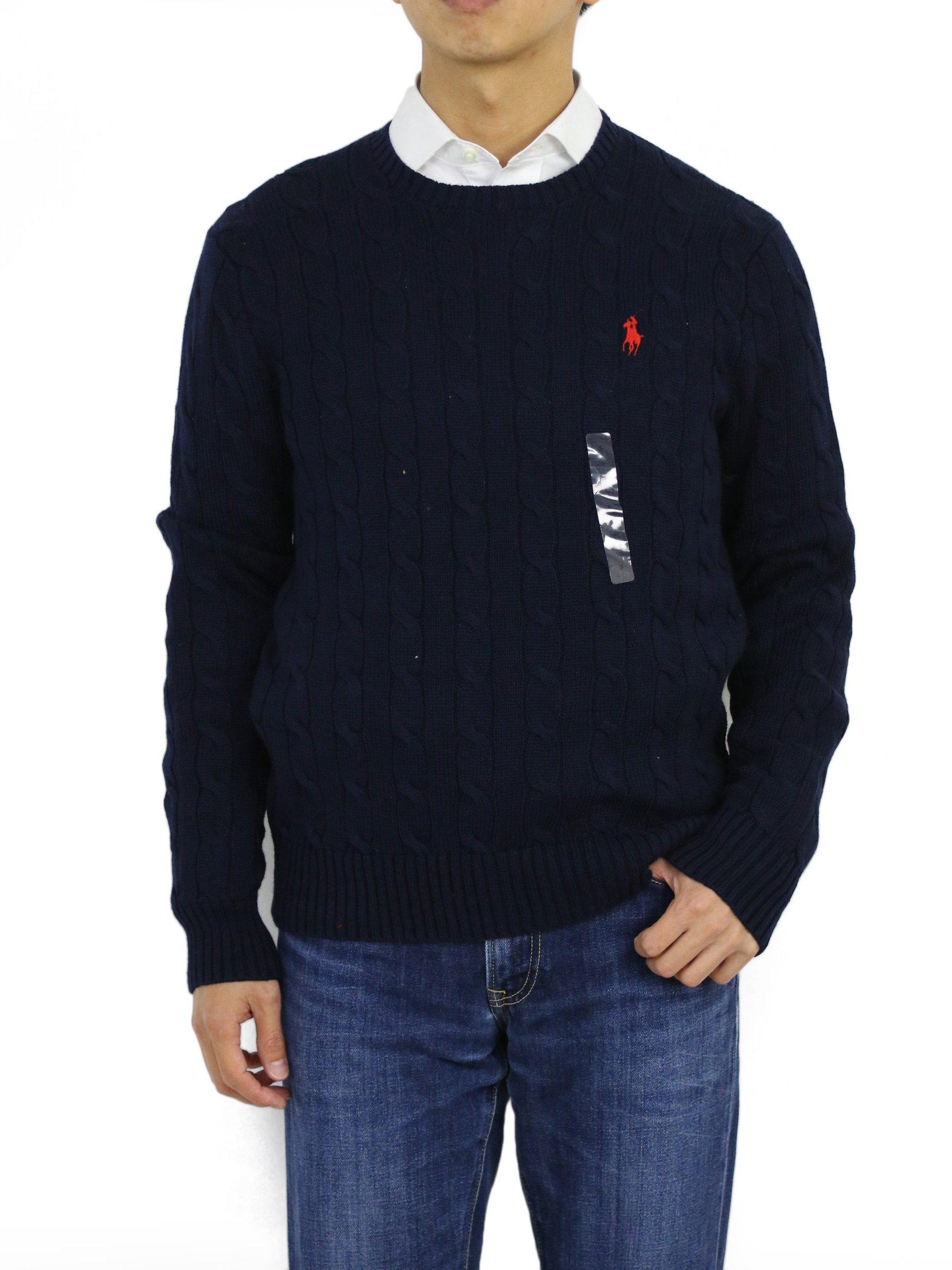 

POLO Ralph Lauren Cotton Cable Crew Neck Solid Color with Men s Sweater, One-Point Accent, 0102340-S-NAVY [Used]