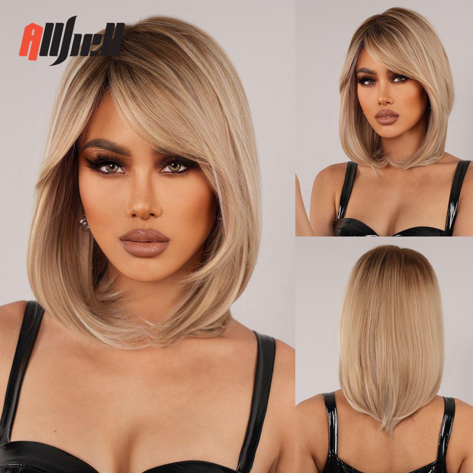 

Парики из многослойных волос средней длины, блондинка, золотой омбре, синтетический парик с бахромой для женщин, цветные парики для косплея, термостойкие волосы