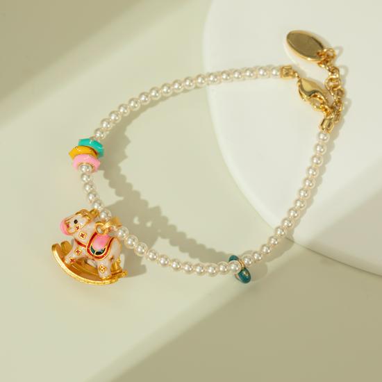 Retro Rocking Horse Pearl Necklace with Colorful Enamel - Luxurious Clavicle Chain