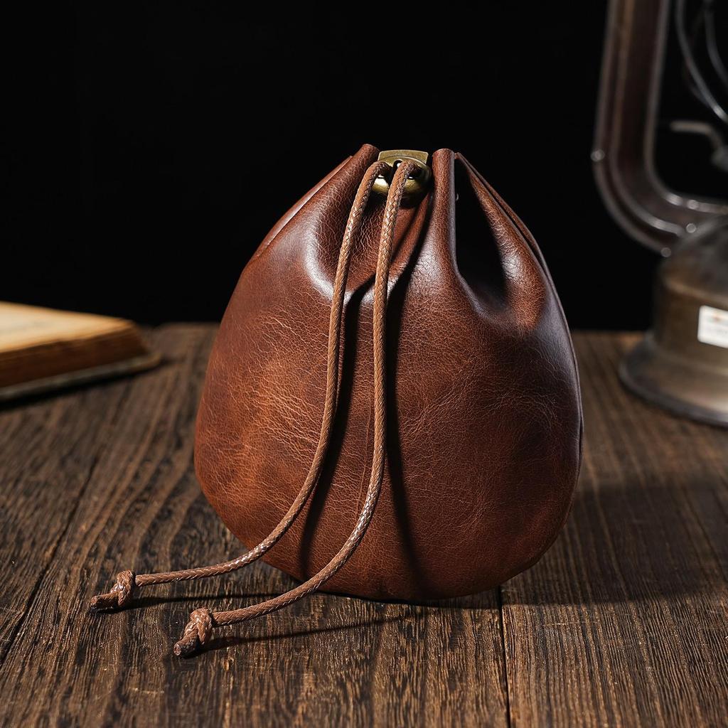 Retro Crazy Horse Leather Coin Purse: Genuine Cowhide Drawstring Bag for Jewelry, Cards, and Keys