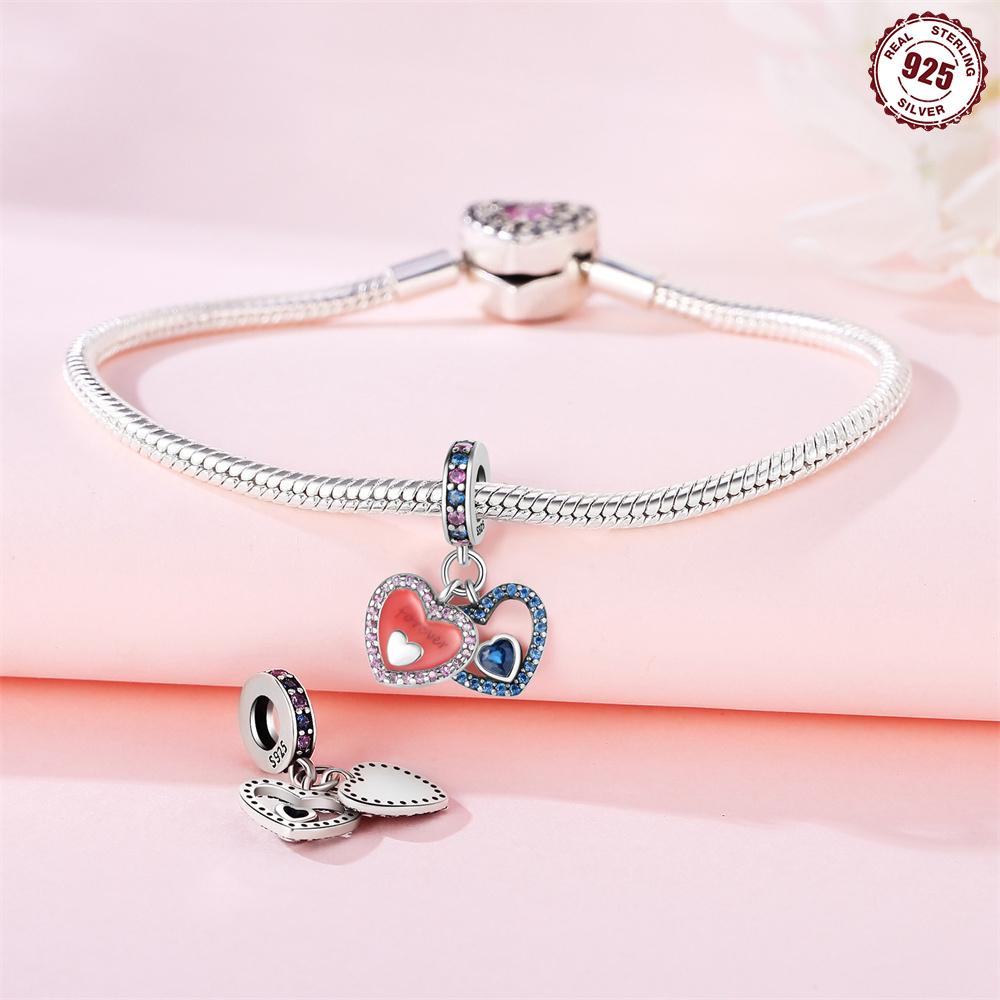 Original Copper Charms Luxury Pink Heart Blue Pendant Beads Fit Bracelet Diy Women Making Delicate Gift