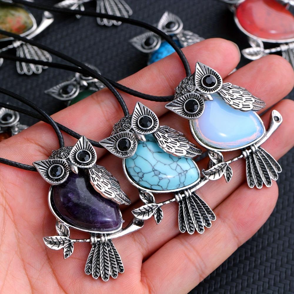 1pc JXMYBA Artificial Crystal Owl Pendant Necklace, Amethyst Rose Quartz Faux Gemstone Lucky Jewelry, Women'S Handmade Stone Pendant with Artificial F