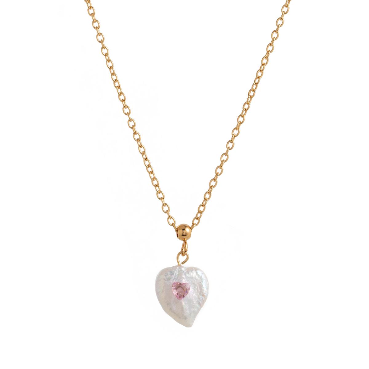Natural Baroque Love Pendant Necklace with Colored Zircon, Diamond Set, Heart shaped Gold Plating 45cm