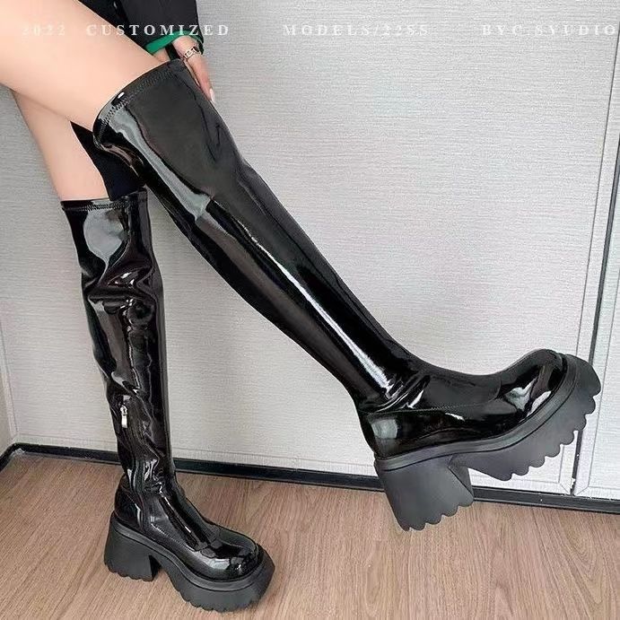 Small Heightening Elastic Boots Women's Autumn and Winter New Muffin Thick-soled Knee Boots Waterproof Table Tall Thin Knight Boots