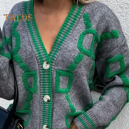 Damen Pullover Mantel V-Ausschnitt Langarm Buchstabenprint Einreihig Strickpullover Lockere Passform Warm Strickjacke