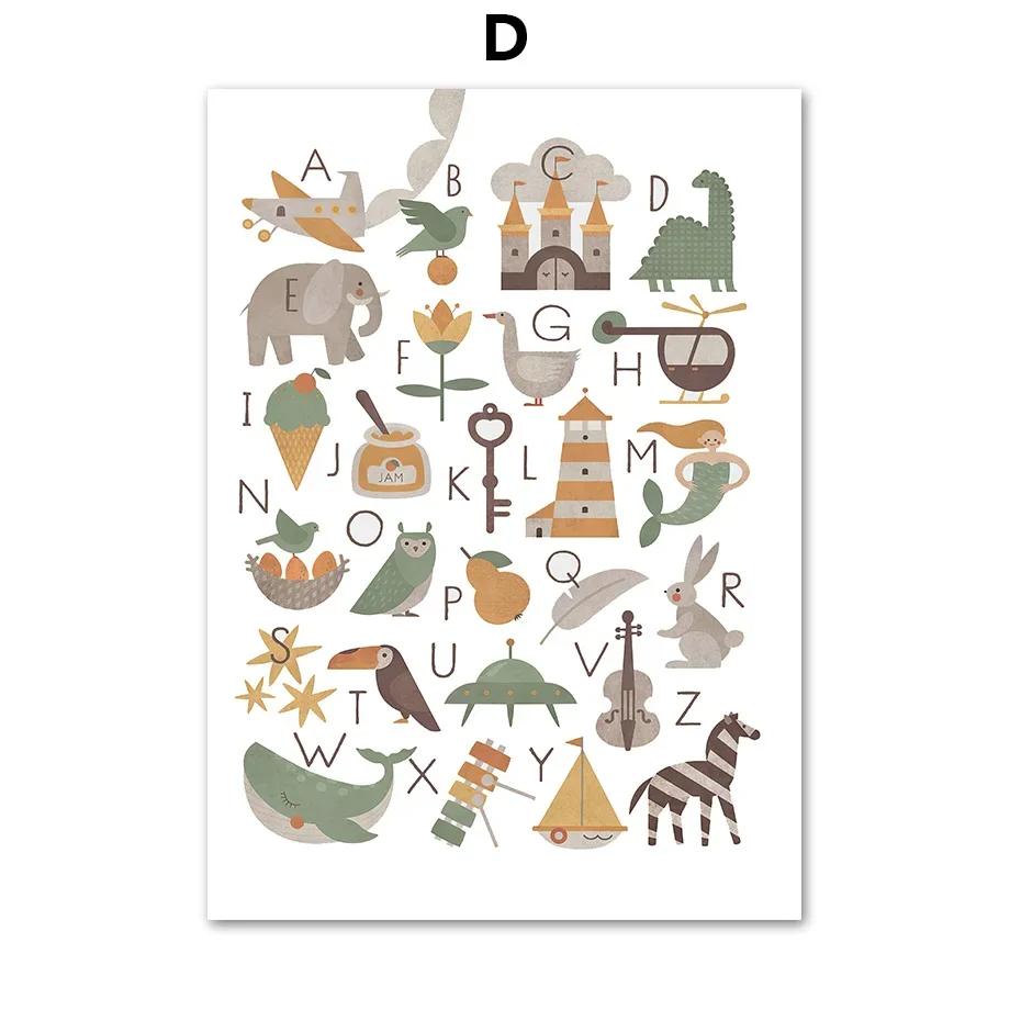Alphabet Cartoon Educate Nursery Poster Car Animals Nordic Green Wall Art Print Canvas Painting Picture Kids Baby Room Decor