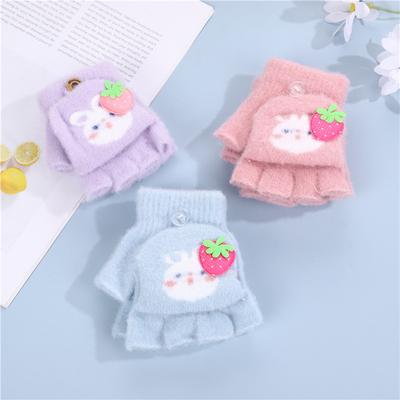 Children's Long-eared Rabbit Cute Warm Thickened Gloves Five-finger Flip-top Writing Knitted Cold-proof and Windproof Little Girl's Gloves