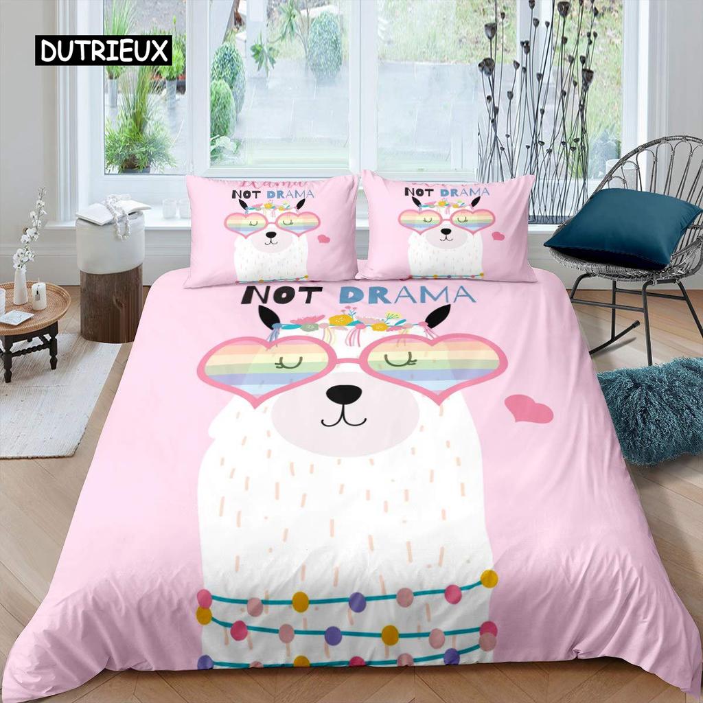 Alpaca Duvet Cover Set Cute Sloth Comforter Cover Cactus Funny Animal Bedding Set Polyester Love Heart Cartoon Style Quilt Cover