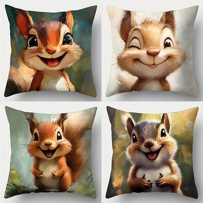 Woodland Creature Style Pillow Covers, Playful Cartoon Squirrel Print Cushion Cases, Cozy Home Decor For Bedroom Living Room